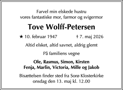 Dødsannoncen for  Tove Wolff-Petersen - Sorø