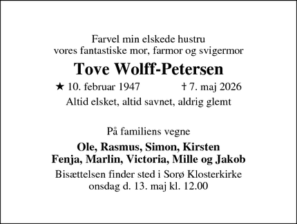 Dødsannoncen for  Tove Wolff-Petersen - Sorø