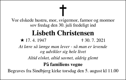 Dødsannoncen for Lisbeth Christensen - Mekuvej 30, 7171 Uldum