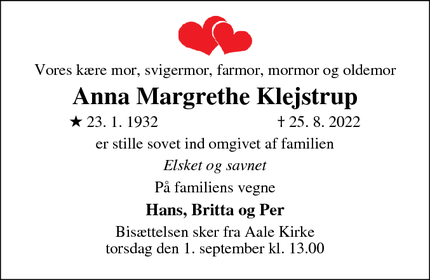 Dødsannoncen for Anna Margrethe Klejstrup - Aale
