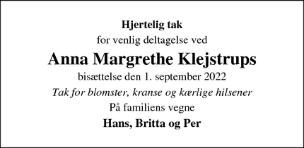 Taksigelsen for Anna Margrethe Klejstrup - Aale