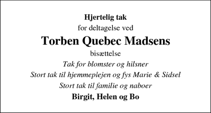 Taksigelsen for Torben Quebec Madsens - Ribe
