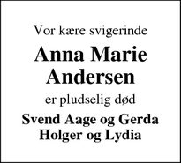 Dødsannoncen for Anna Marie
Andersen - Gredstedbro