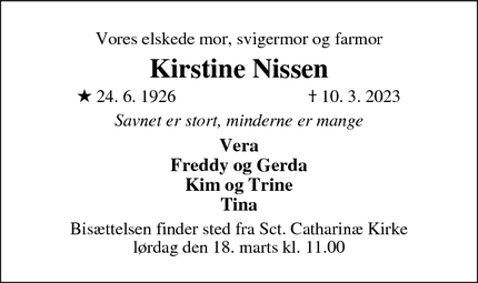 Dødsannoncen for Kirstine Nissen - Ribe
