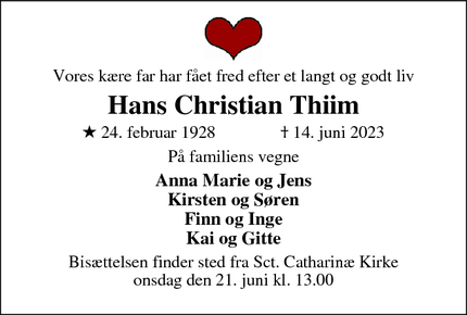 Dødsannoncen for Hans Christian Thiim - RIBE