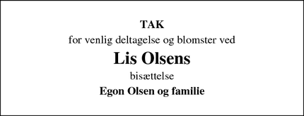Taksigelsen for Lis Olsens - København S