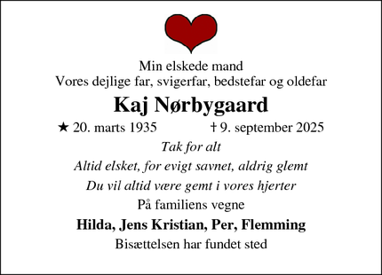 Dødsannoncen for Kaj Nørbygaard - Billund 