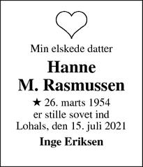Dødsannoncen for Hanne
M. Rasmussen - Svendborg