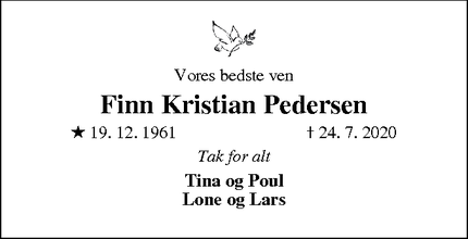 Dødsannoncen for Finn Kristian Pedersen - Bramming