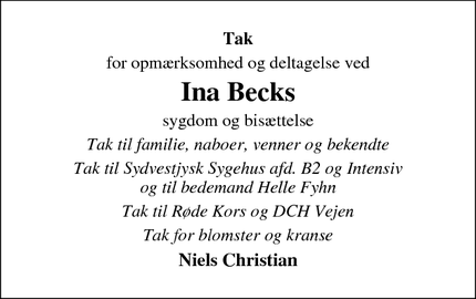 Taksigelsen for Ina Becks - Bramming