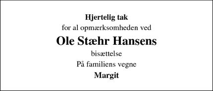 Taksigelsen for Ole Stæhr Hansens - Bramming