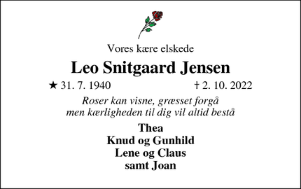 Dødsannoncen for Leo Snitgaard Jensen - Bramming
