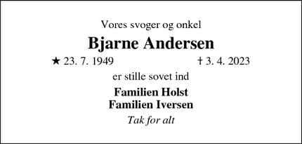 Dødsannoncen for Bjarne Andersen - Gørding