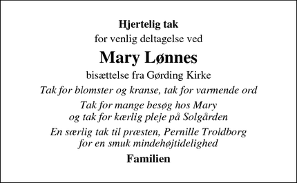 Taksigelsen for Mary Lønne - Gørding
