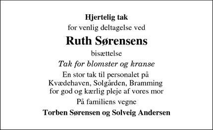 Taksigelsen for Ruth Sørensens - Bramming