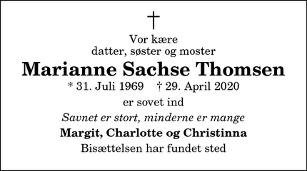 Dødsannoncen for Marianne Sachse Thomsen - Vester Hassing 