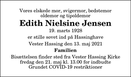 Dødsannoncen for Edith Nielsine Jensen - Vodskov