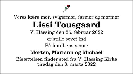 Dødsannoncen for  Lissi Tousgaard - Vester Hassing