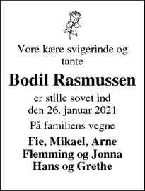 Dødsannoncen for Bodil Rasmussen - FREDERICIA