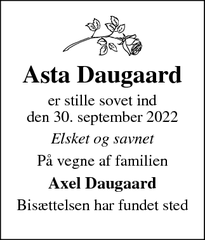 Dødsannoncen for Asta Daugaard - Fredericia