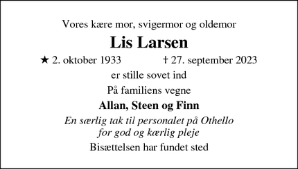 Dødsannoncen for Lis Larsen - Fredericia