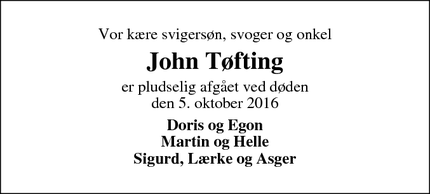Dødsannoncen for John Tøfting - Skærbæk