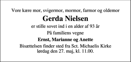 Dødsannoncen for Gerda Nielsen - Fredericia