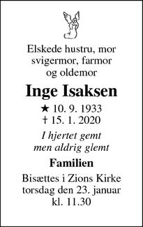 Dødsannoncen for Inge Isaksen - Esbjerg 