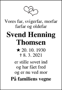 Dødsannoncen for Svend Henning Thomsen - Glejbjerg