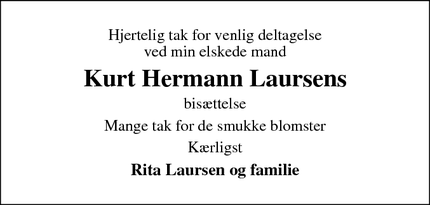 Dødsannoncen for Kurt Hermann Laursens - Esbjerg