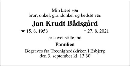 Dødsannoncen for Jan Krudt Bådsgård - Aalborg