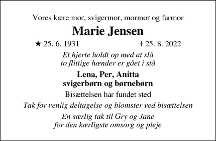 Dødsannoncen for Marie Jensen - Esbjerg N