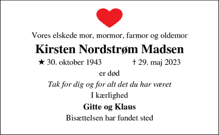 Dødsannoncen for Kirsten Nordstrøm Madsen - Esbjerg