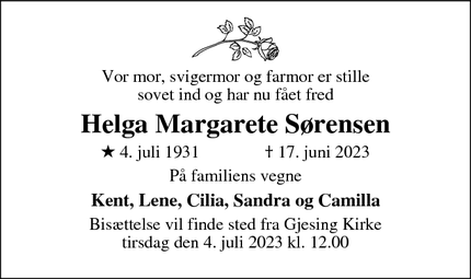 Dødsannoncen for Helga Margarete Sørensen - Esbjerg Ø