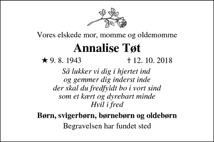 Dødsannoncen for Annalise Tøt - Esbjerg