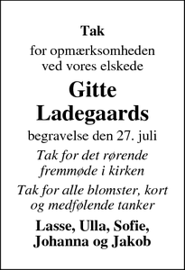 Dødsannoncen for Gitte Ladegaards  - Aalborg