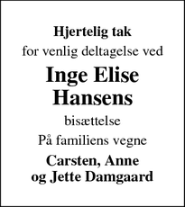 Taksigelsen for Inge Elise
Hansens - Faaborg