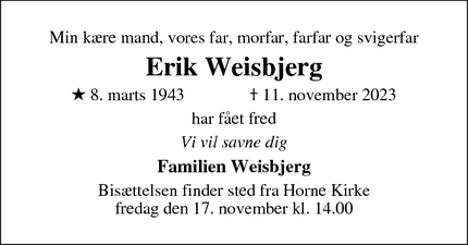 Dødsannoncen for Erik Weisbjerg - Faaborg
