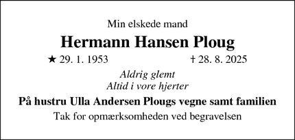 Dødsannoncen for Hermann Hansen Ploug - Nystænderup
