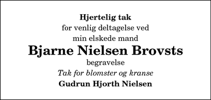 Dødsannoncen for Bjarne Nielsen Brovsts - Brovst
