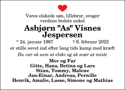 Dødsannoncen for Asbjørn "As" Visnes Jespersen - Fjerritslev