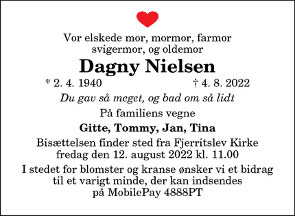 Dødsannoncen for Dagny Nielsen - Fjerritslev