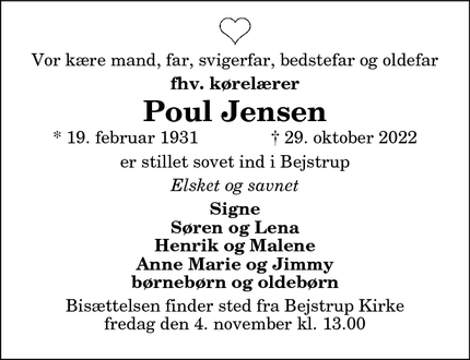 Dødsannoncen for Poul Jensen - Bejstrup
