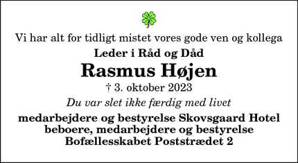 Dødsannoncen for Rasmus Højen - Brovst