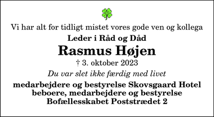 Dødsannoncen for Rasmus Højen - Brovst