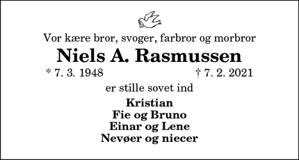 Dødsannoncen for Niels A. Rasmussen - Sennels, 7700 Thisted