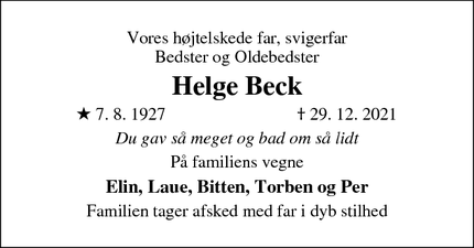 Dødsannoncen for Helge Beck - Karup