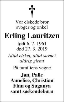 Dødsannoncen for Erling Lauritzen - Trige