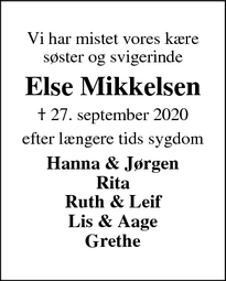 Dødsannoncen for Else Mikkelsen - Grindsted