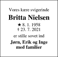 Dødsannoncen for Britta Nielsen - Sdr.Omme